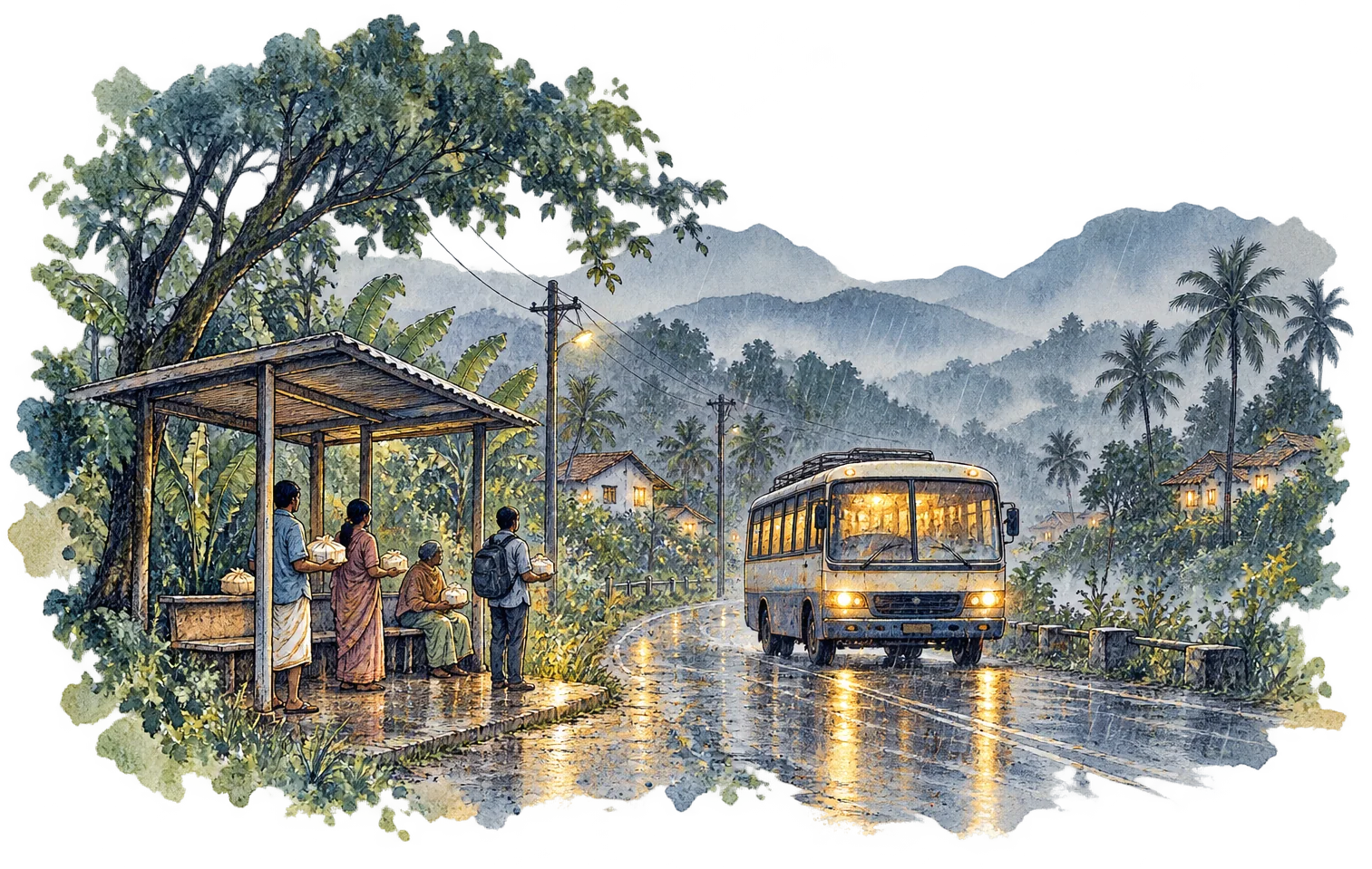 Ink and watercolour drawing of a small bus on a quiet road in the rain, with people waiting with food parcels.