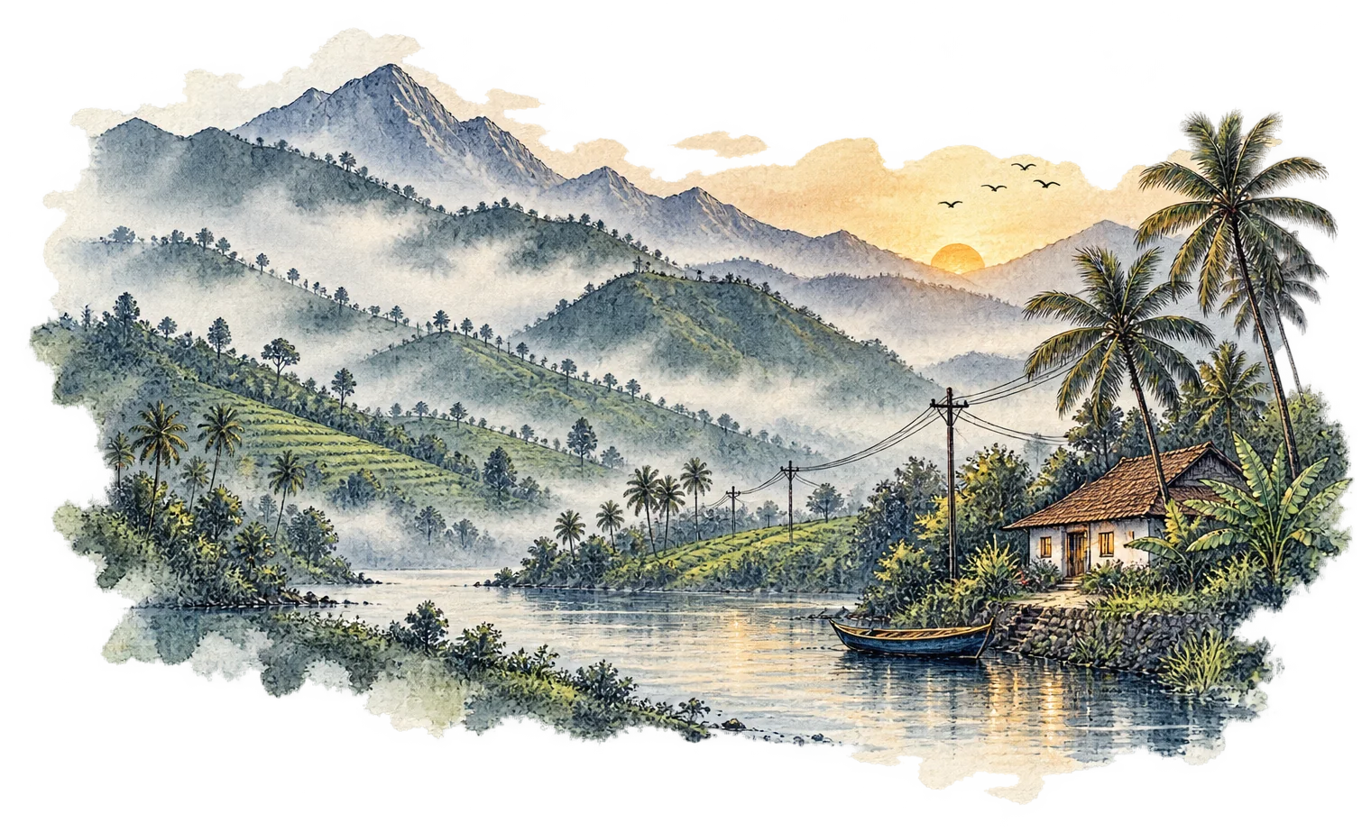 Ink and watercolour drawing of misty mountains and tea slopes, with a telephone line running down to a small house by a river.