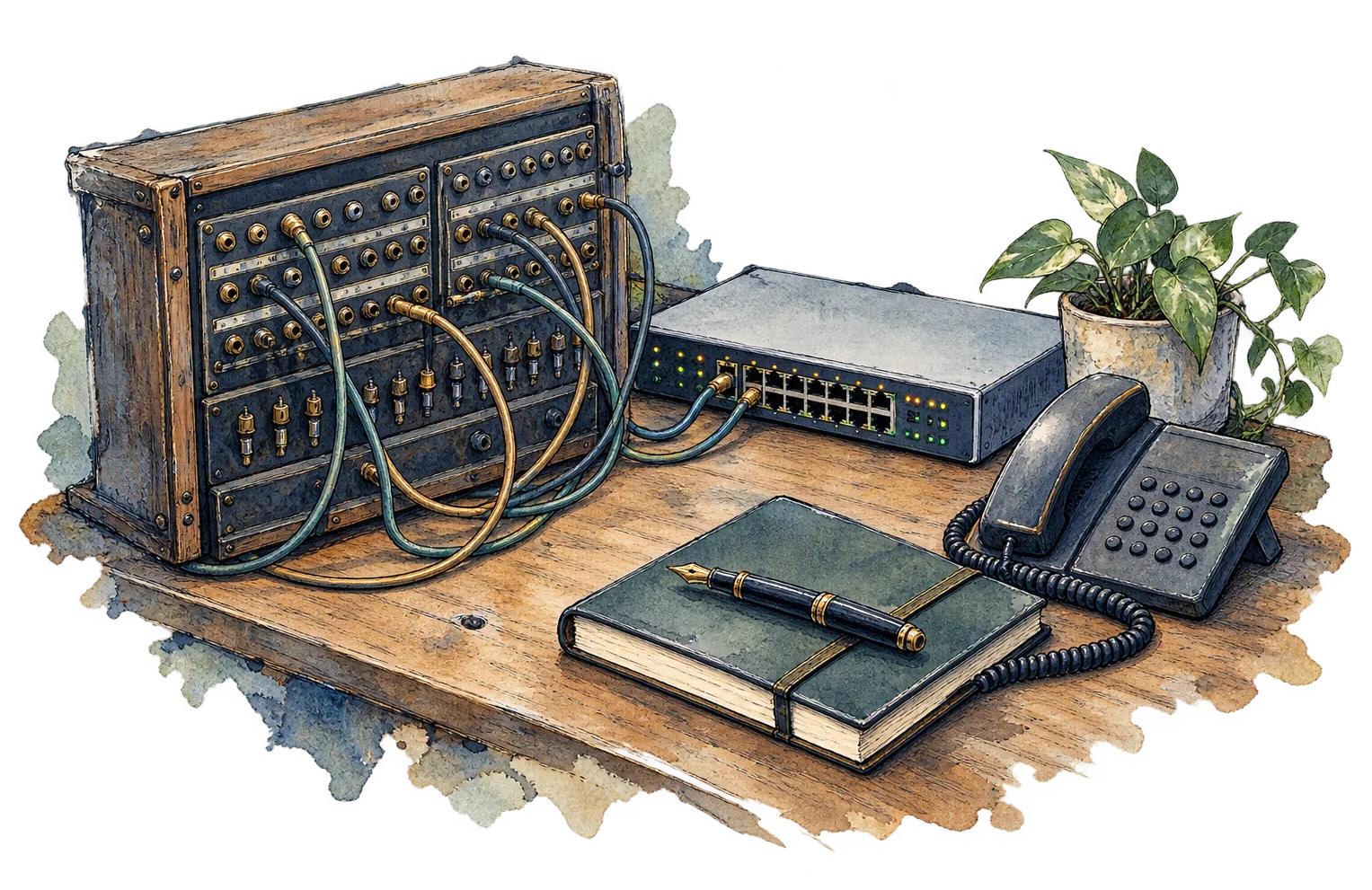 Ink drawing of an old telephone switchboard with curving cables next to a modern network switch and a desk phone.