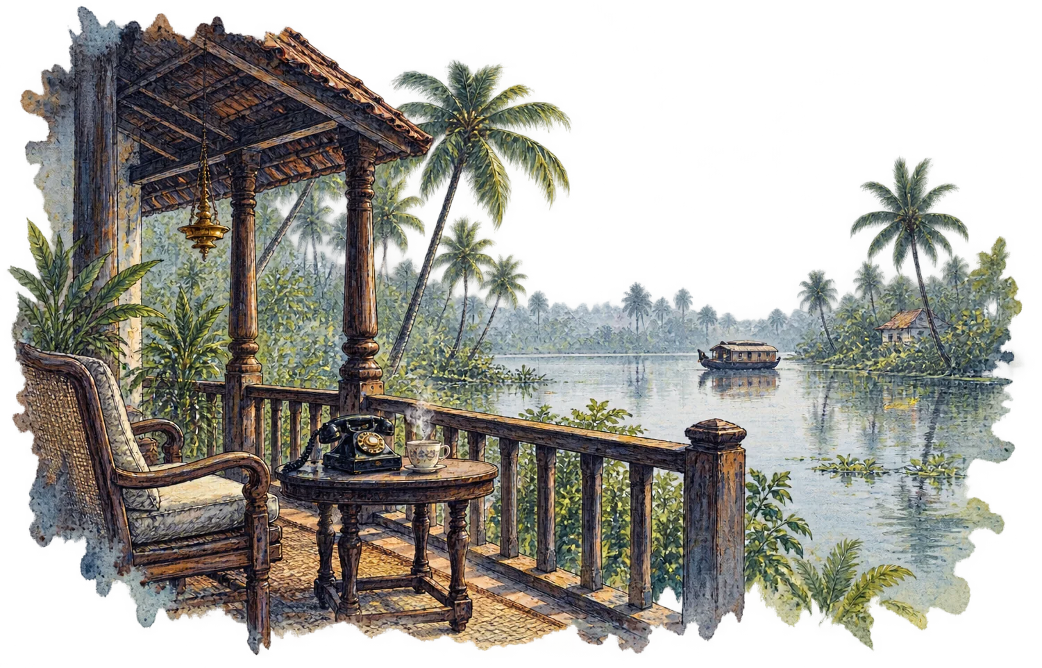 Ink drawing of a desk telephone on a veranda table looking out over calm backwaters.