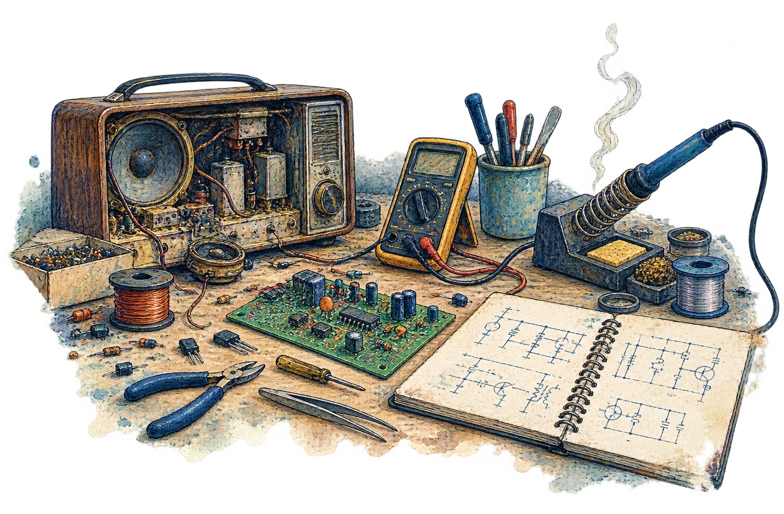 Ink drawing of a school electronics workbench by a window, with a soldering iron, a circuit board and an opened radio.